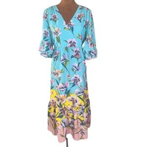 London Times Floral Midi Dress Women's 10P Aqua Ruffle Sleeve Tiered NWT